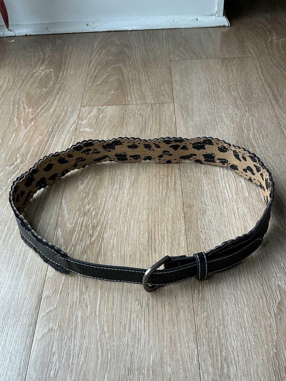 Betsey Johnson Black Scalloped Belt with Leopard Print Lining & Silver Hardware